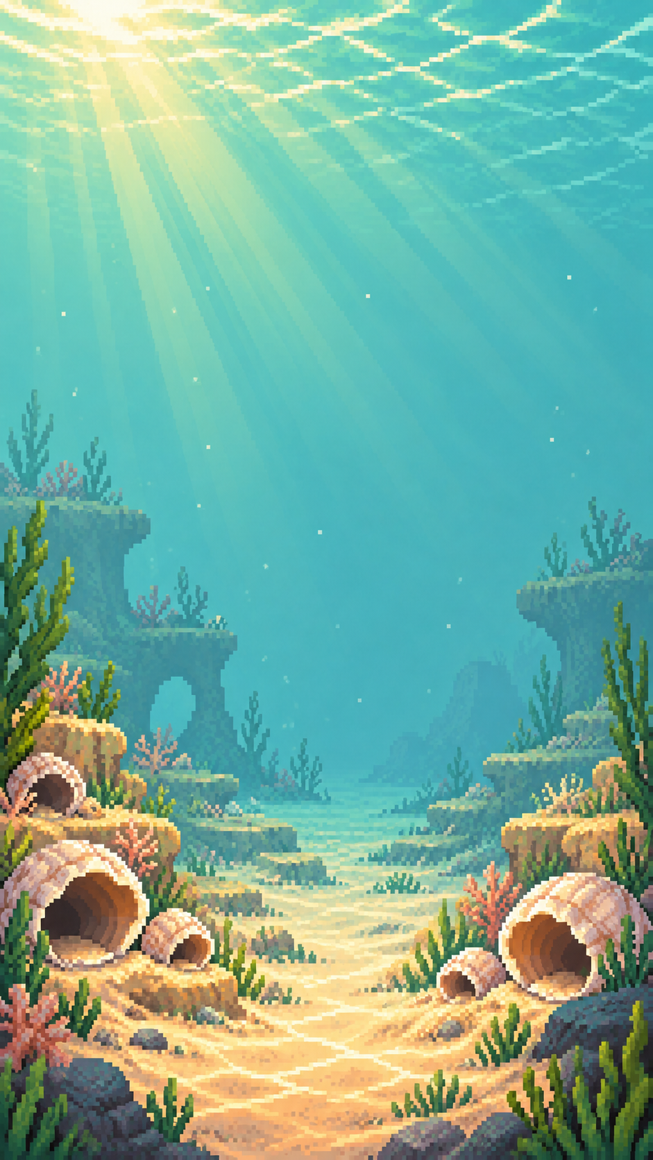阳光穿过水面，照亮珊瑚和海底小屋的水族馆场景